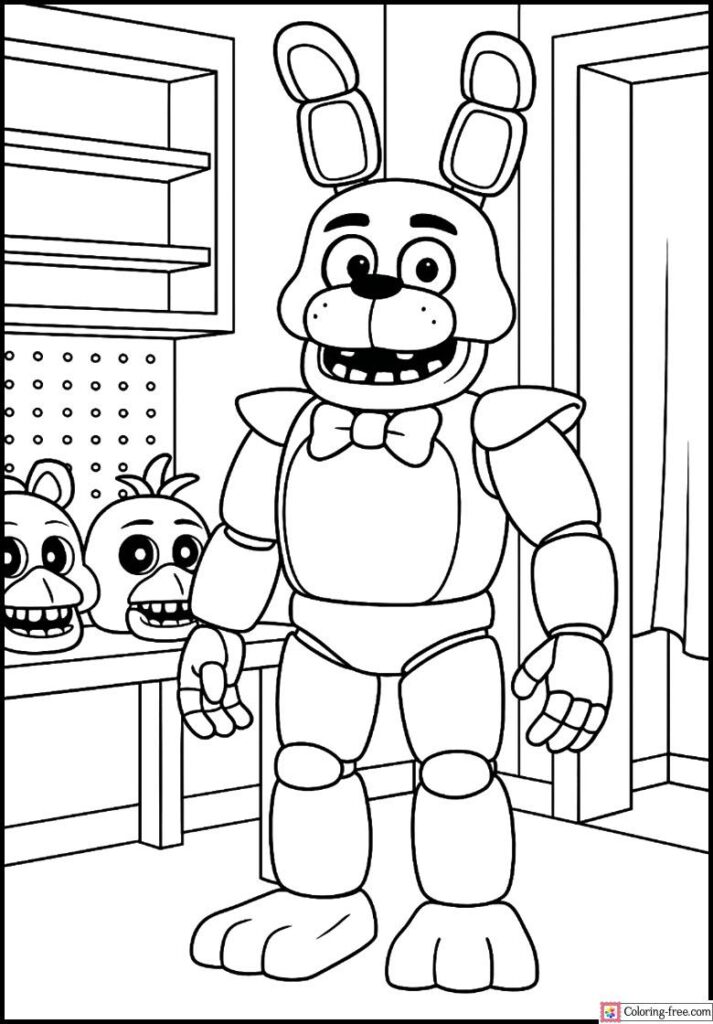Black-and-white cartoon rabbit robot standing in a room