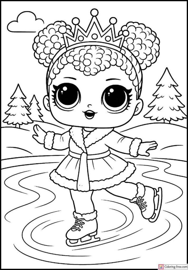 Cartoon girl ice skating in winter landscape