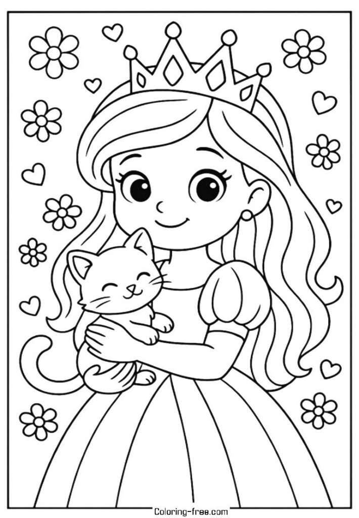 Princess holding a cat, surrounded by flowers and hearts