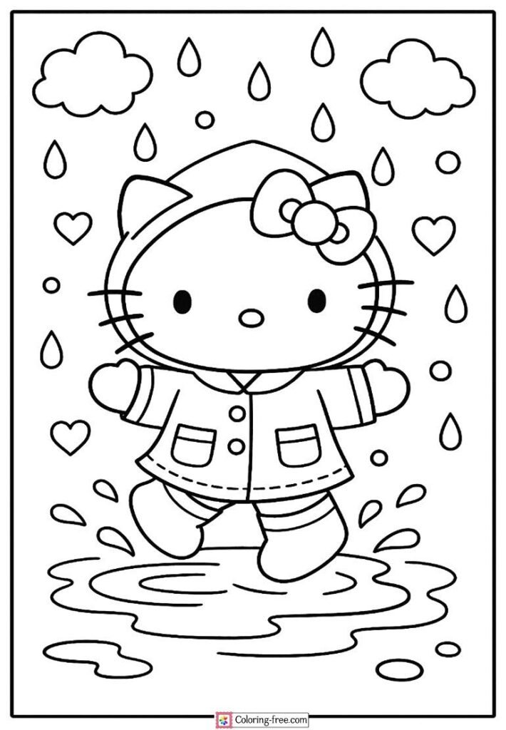 Cartoon cat in raincoat standing in puddle