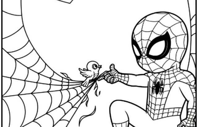 Spider-Man coloring page with hearts and small bird