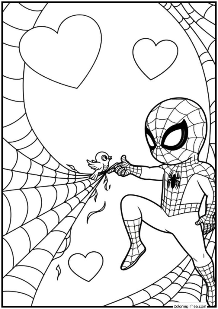 Spider-Man coloring page with hearts and small bird