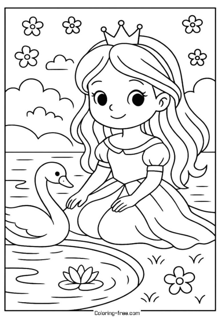 Princess sitting by swan near pond, flowers around