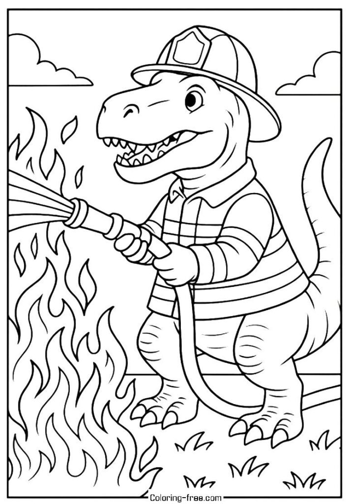Cartoon dinosaur firefighter spraying flames with hose