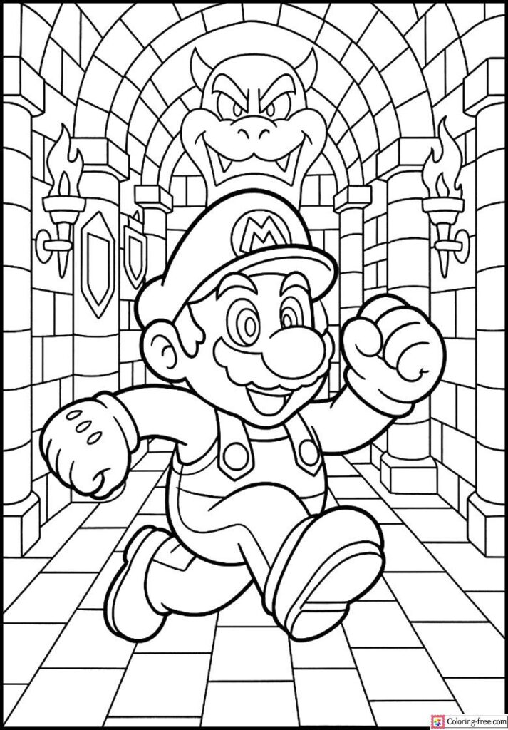 Mario running in castle hallway, Bowser behind him