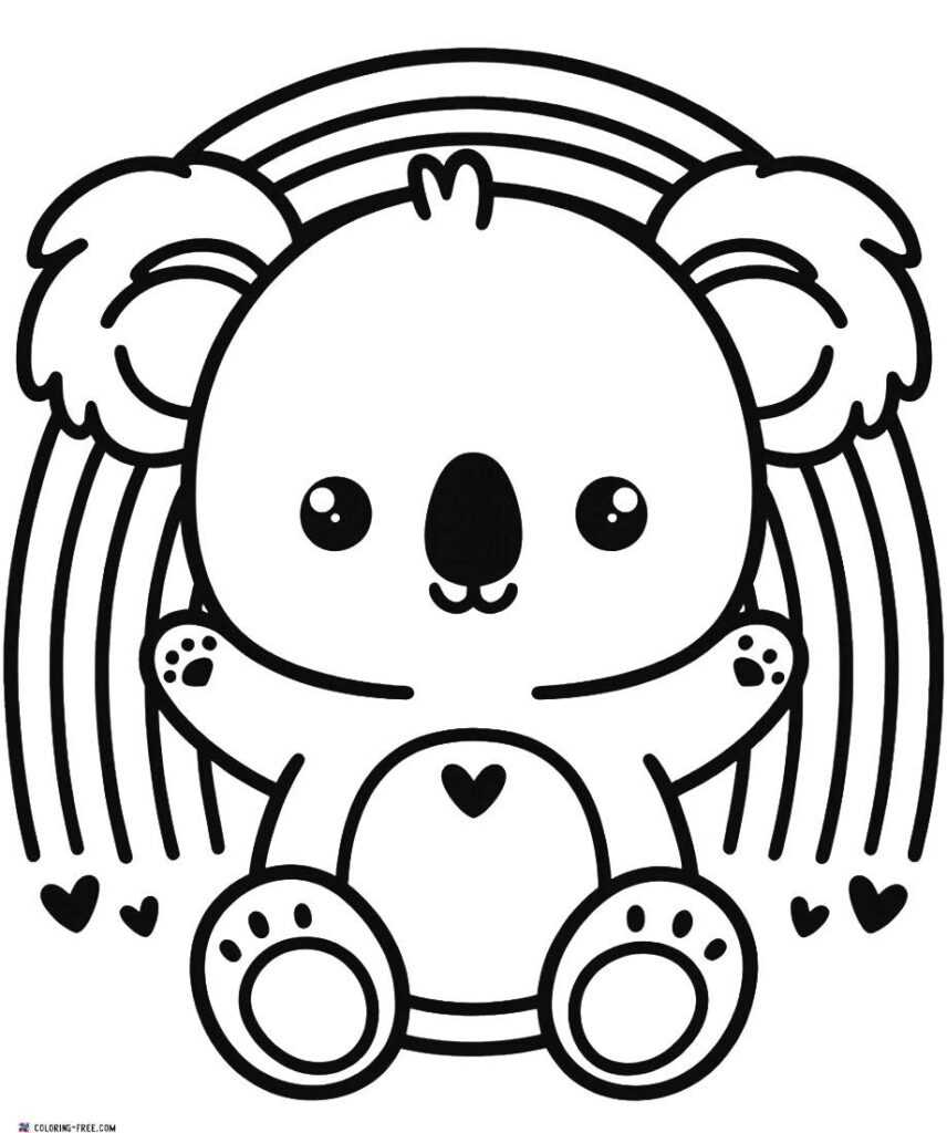 Cute cartoon koala sitting with hearts and rainbow