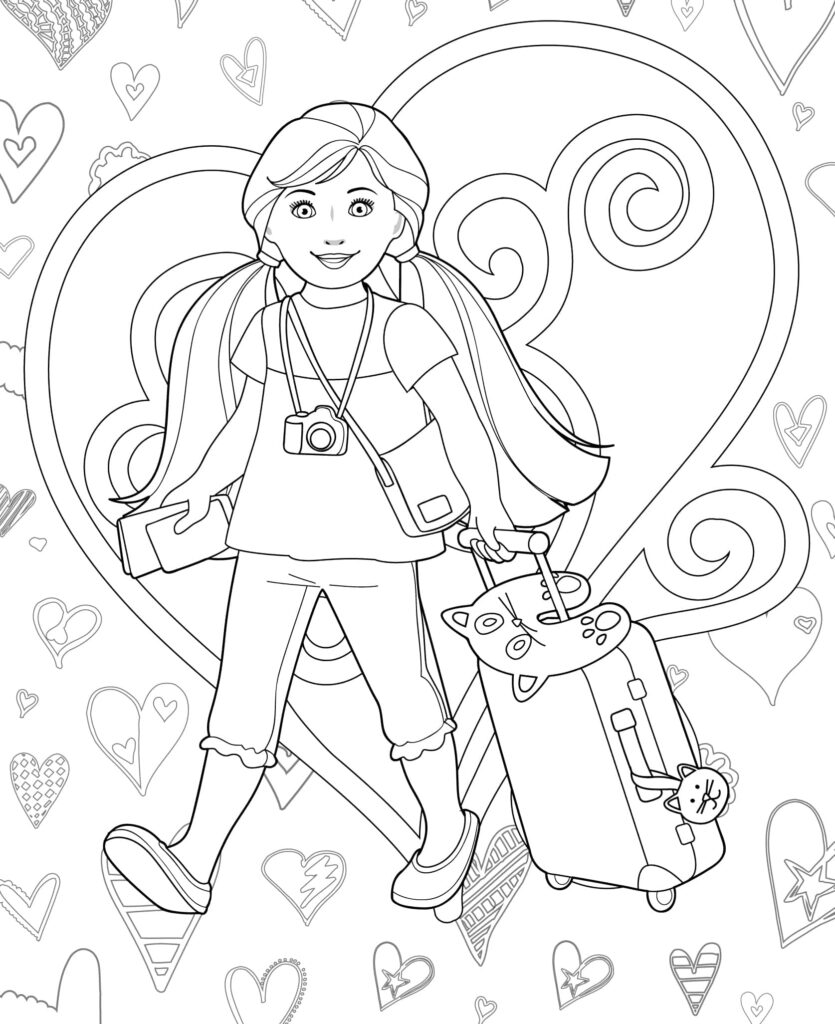 Coloring page of girl with luggage and hearts background