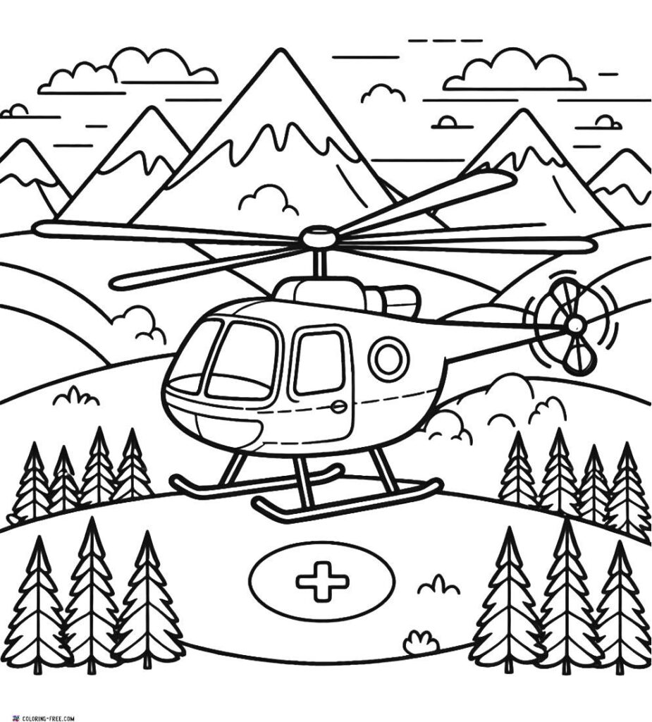 Line drawing of helicopter over mountains and trees