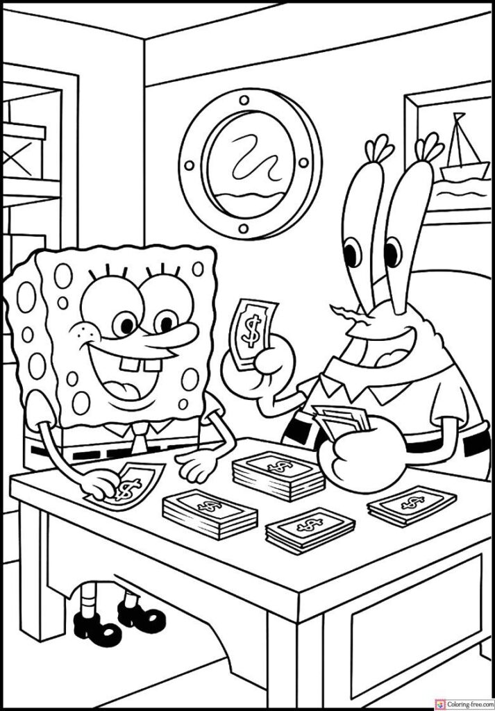 SpongeBob and Mr. Krabs counting money at table