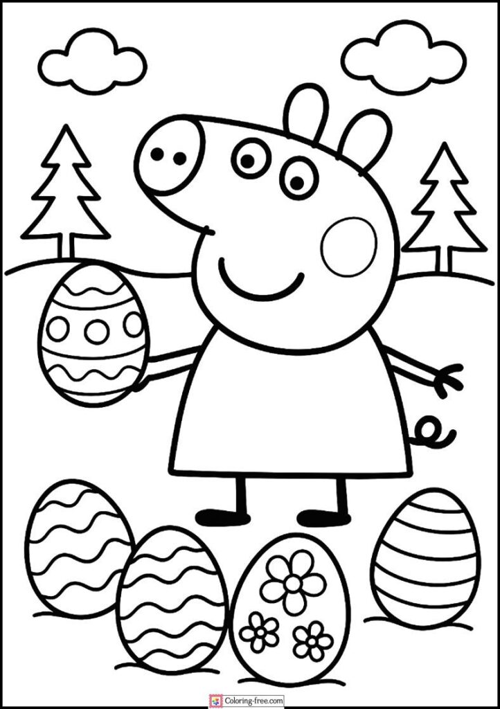 Cartoon pig holding decorated Easter egg, with trees and clouds