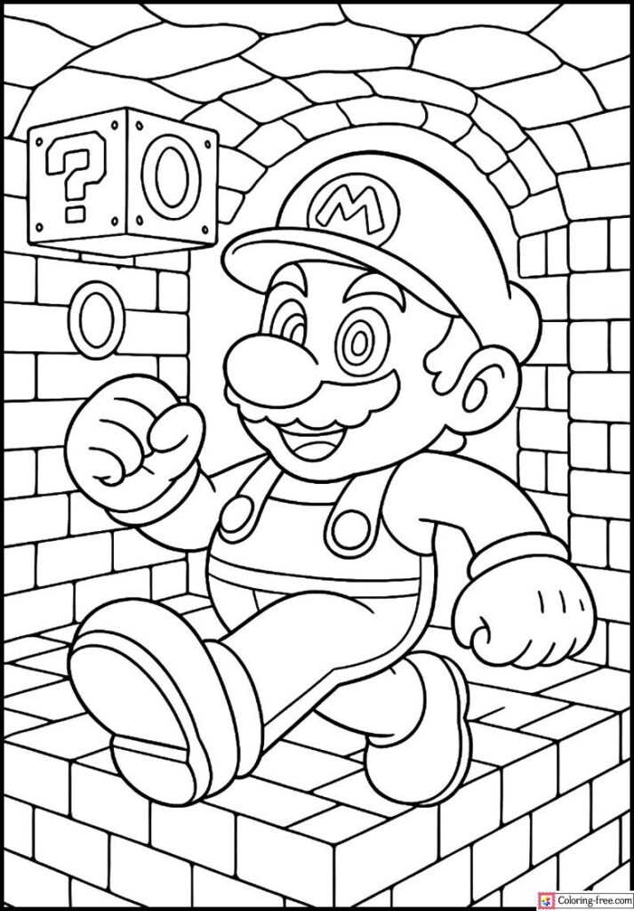 Black-and-white coloring page of Mario in a brick tunnel