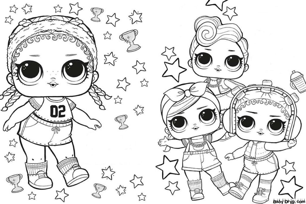 Black-and-white coloring page of four big-eyed dolls with stars