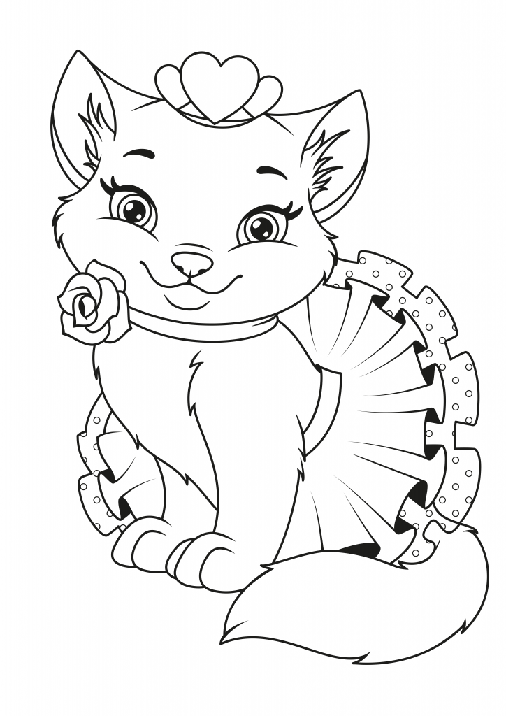 Cartoon kitten wearing a frilly dress and flower