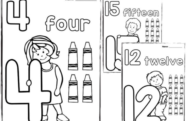 Three number coloring worksheets for 4, 12, and 15