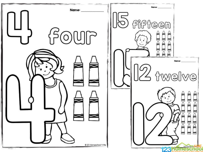 Three number coloring worksheets for 4, 12, and 15