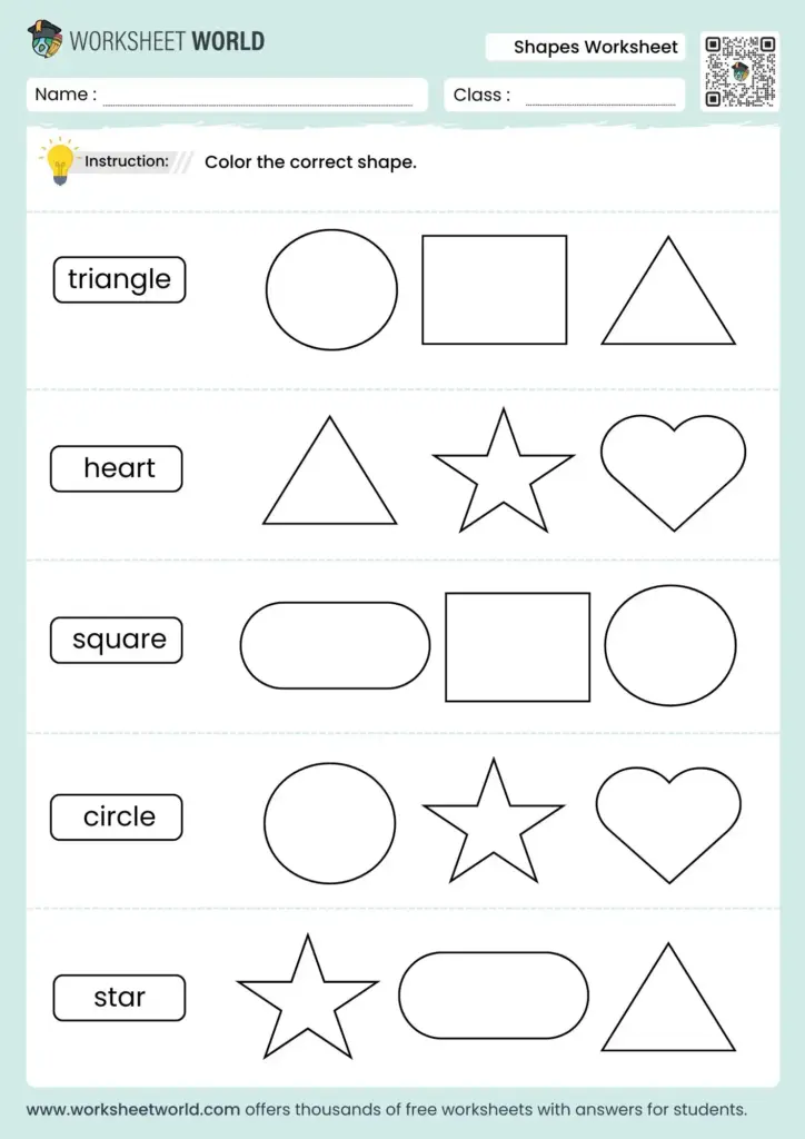 Shapes worksheet with outlined geometric shapes and labels