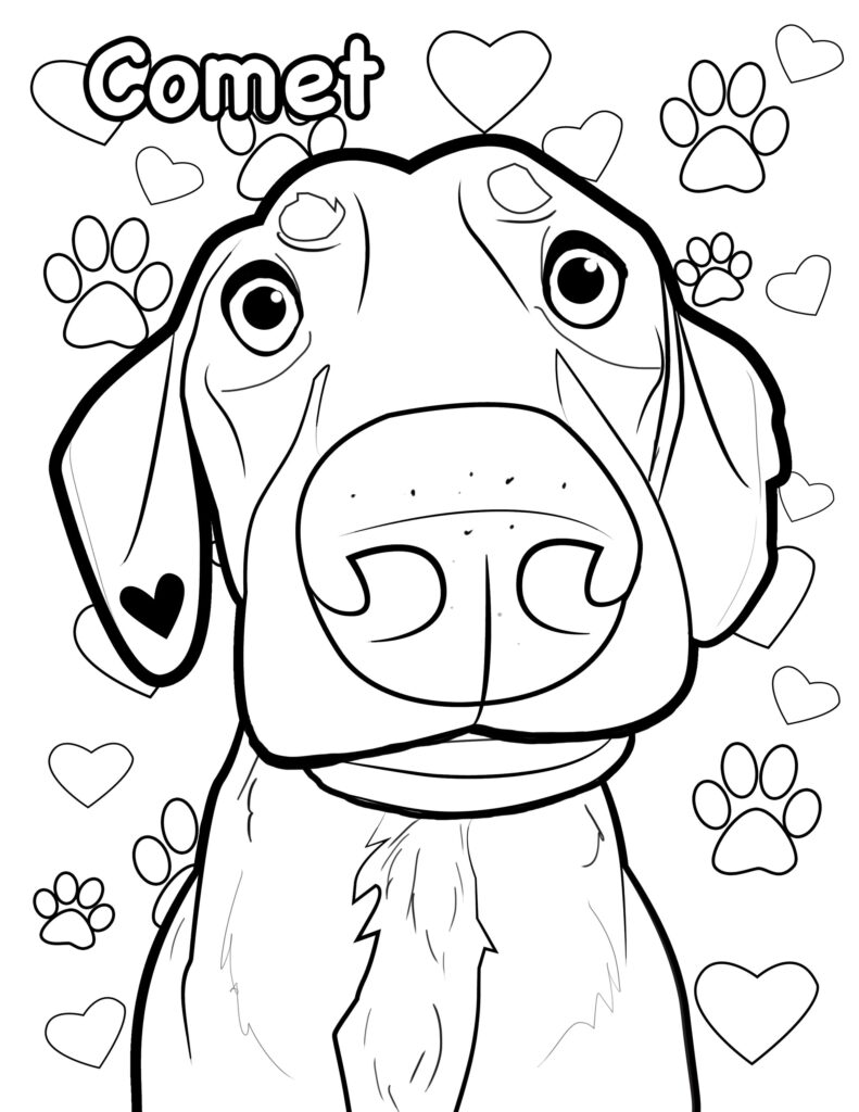 Cartoon dog coloring page with hearts and paw prints