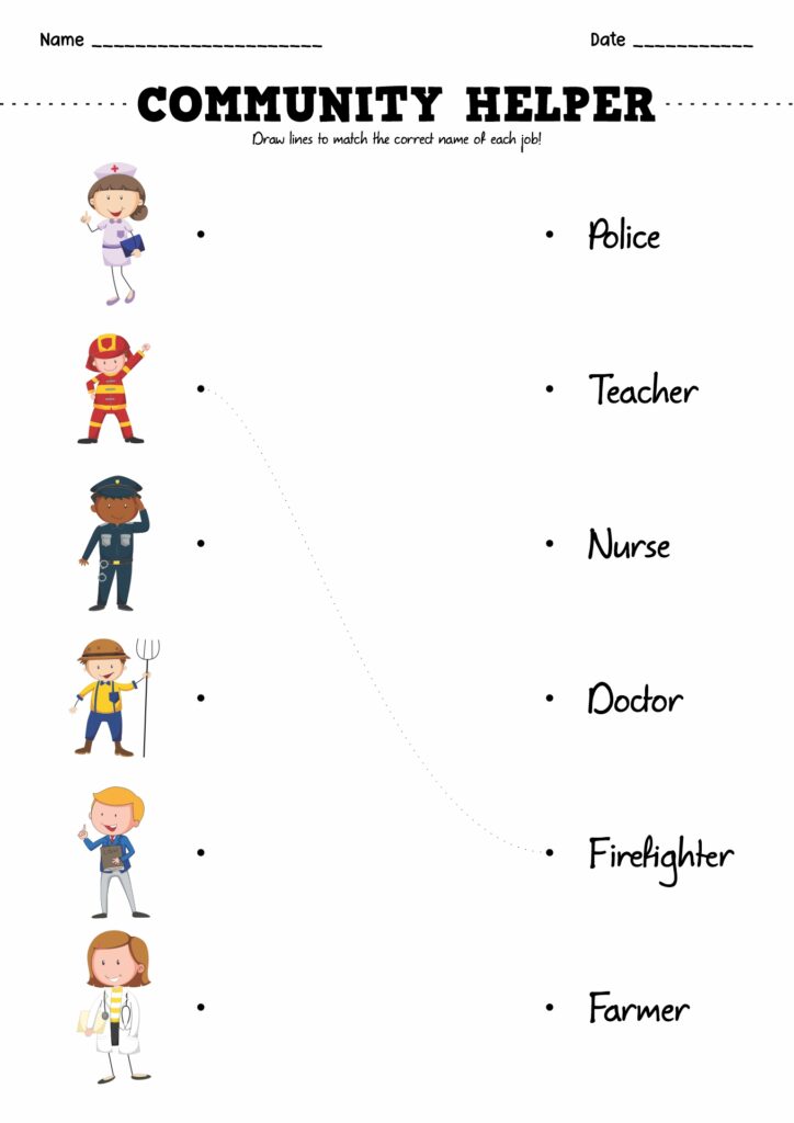 Community helper worksheet with matching jobs and names