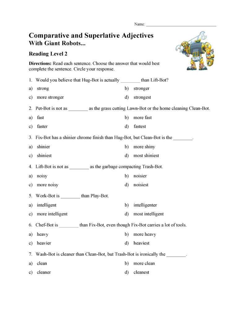Comparative and superlative adjectives worksheet with robot illustration