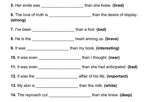 English comparative superlative worksheet with fill-in blanks