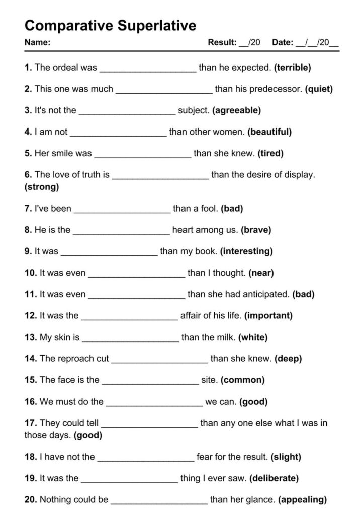 English comparative superlative worksheet with fill-in blanks