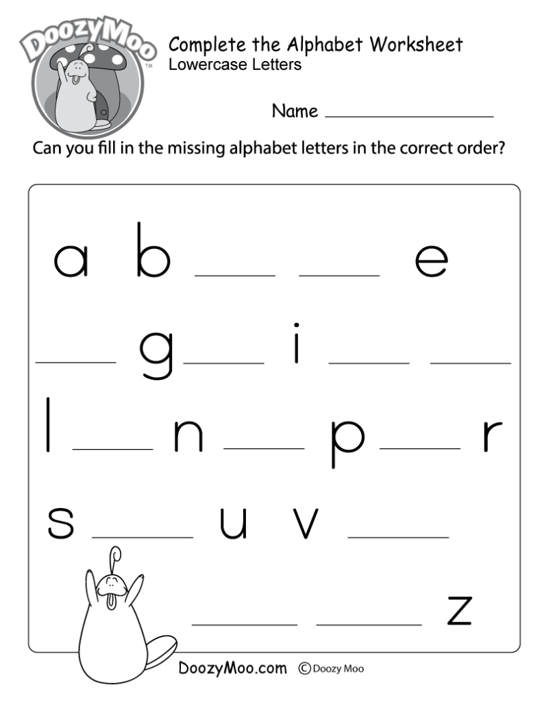 Alphabet worksheet with lowercase letters and blanks