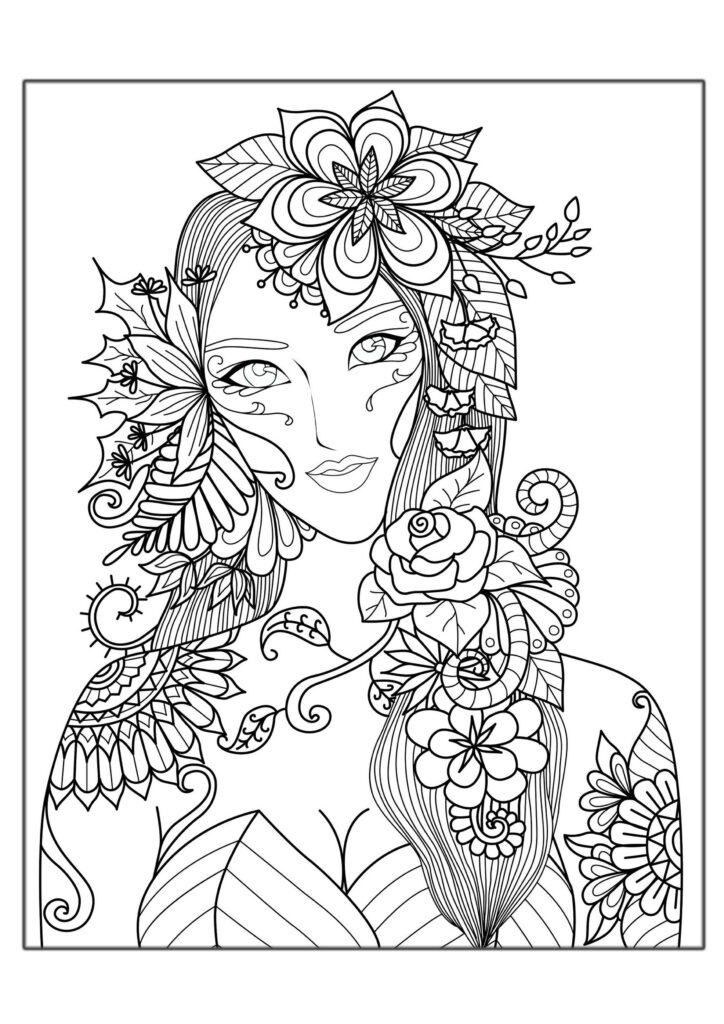 Intricate floral line drawing of a woman’s face