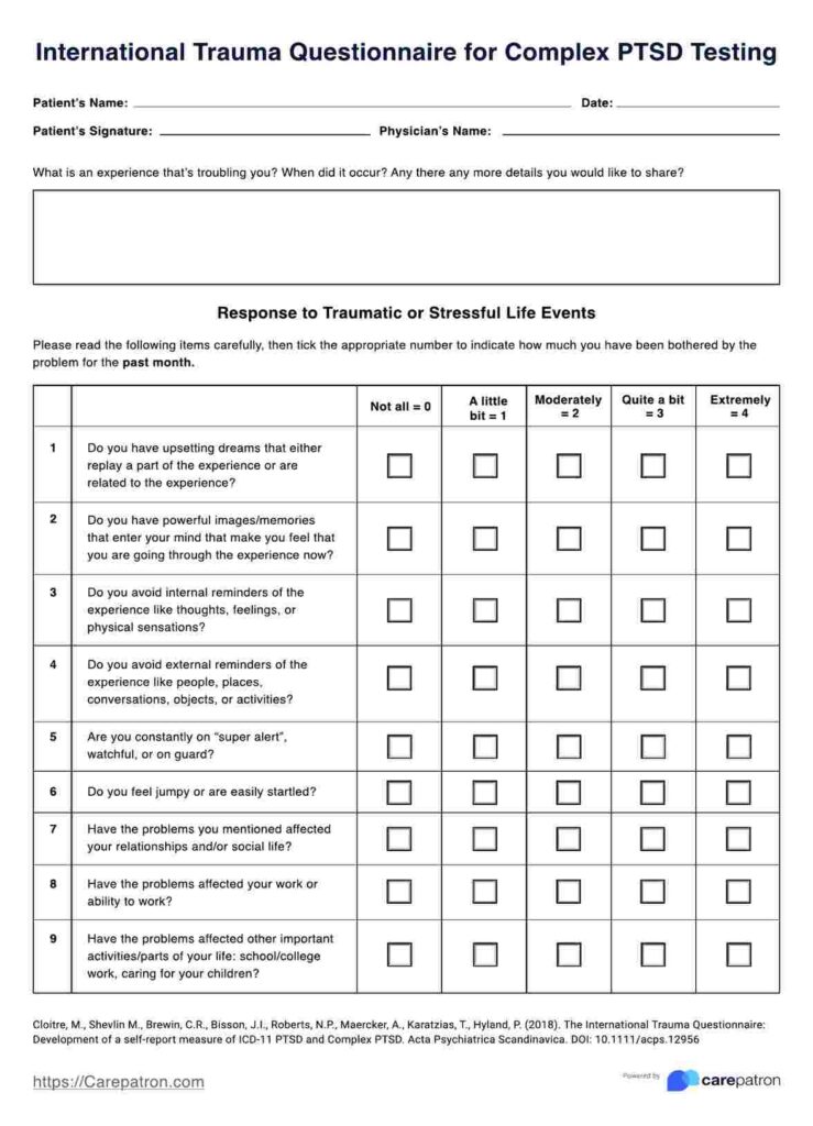 Printed trauma questionnaire form with checkboxes and lines