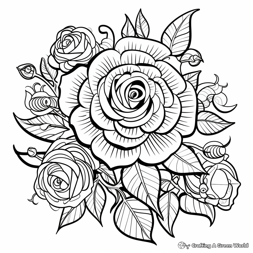 Black-and-white floral illustration of roses and leaves