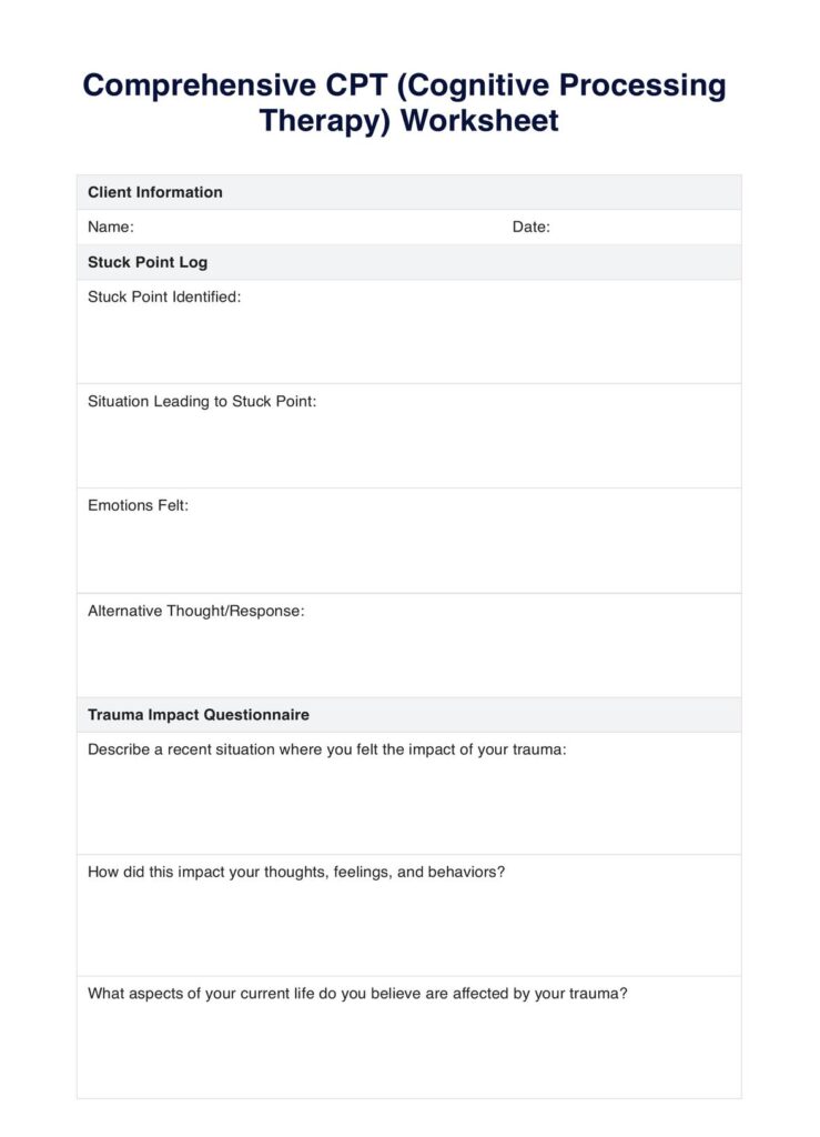 Blank CPT therapy worksheet with trauma questions and sections