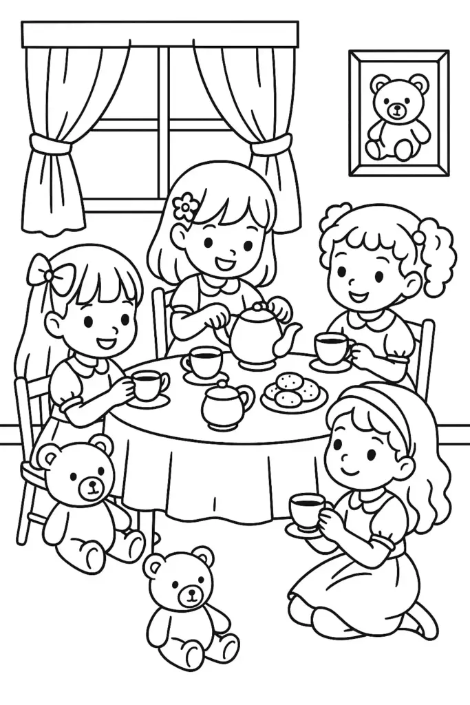 Children having tea party with teddy bears indoors