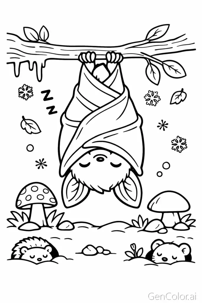 Sleeping bat hanging upside down from tree branch with sleeping animals below