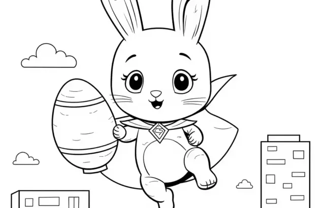 Cute bunny superhero flying above city skyline