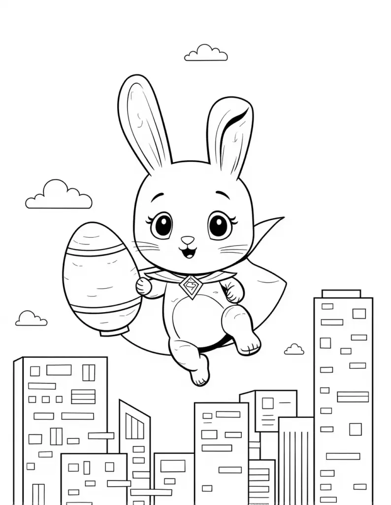 Cute bunny superhero flying above city skyline