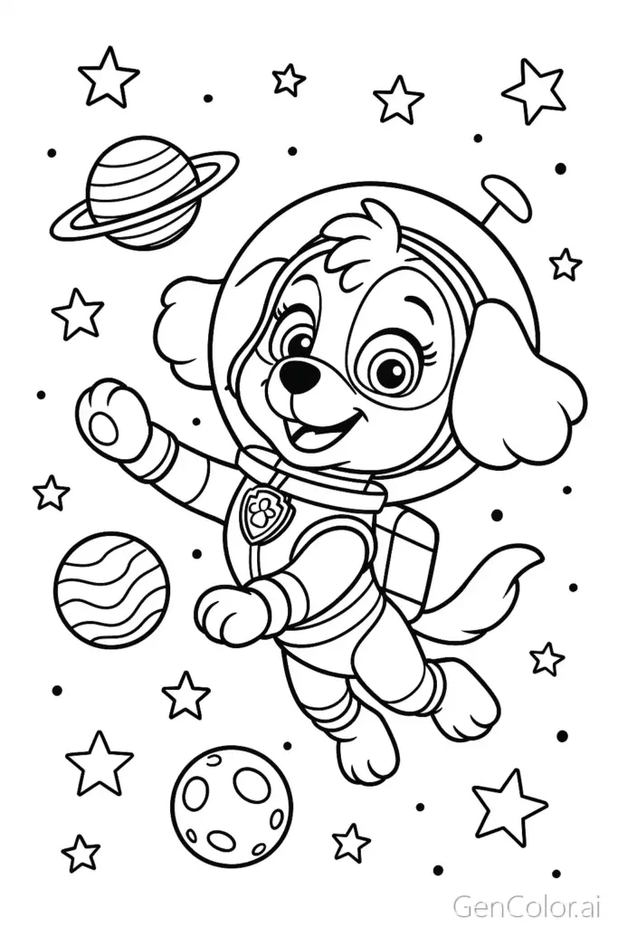 Cartoon puppy astronaut floating among stars and planets