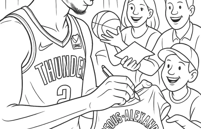 Basketball player signing a jersey for smiling children
