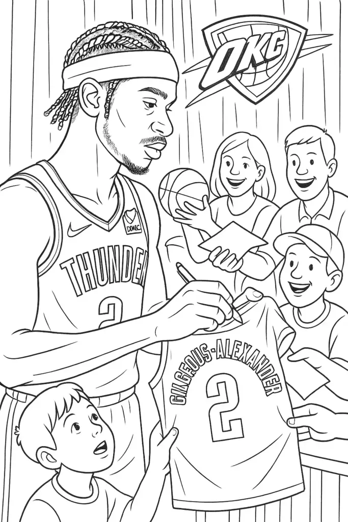 Basketball player signing a jersey for smiling children