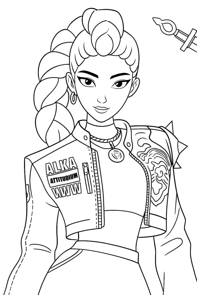 Line art of a woman with braided ponytail and jacket