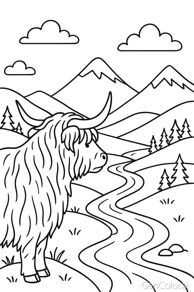 Longhaired Highland cow beside winding river in mountains.