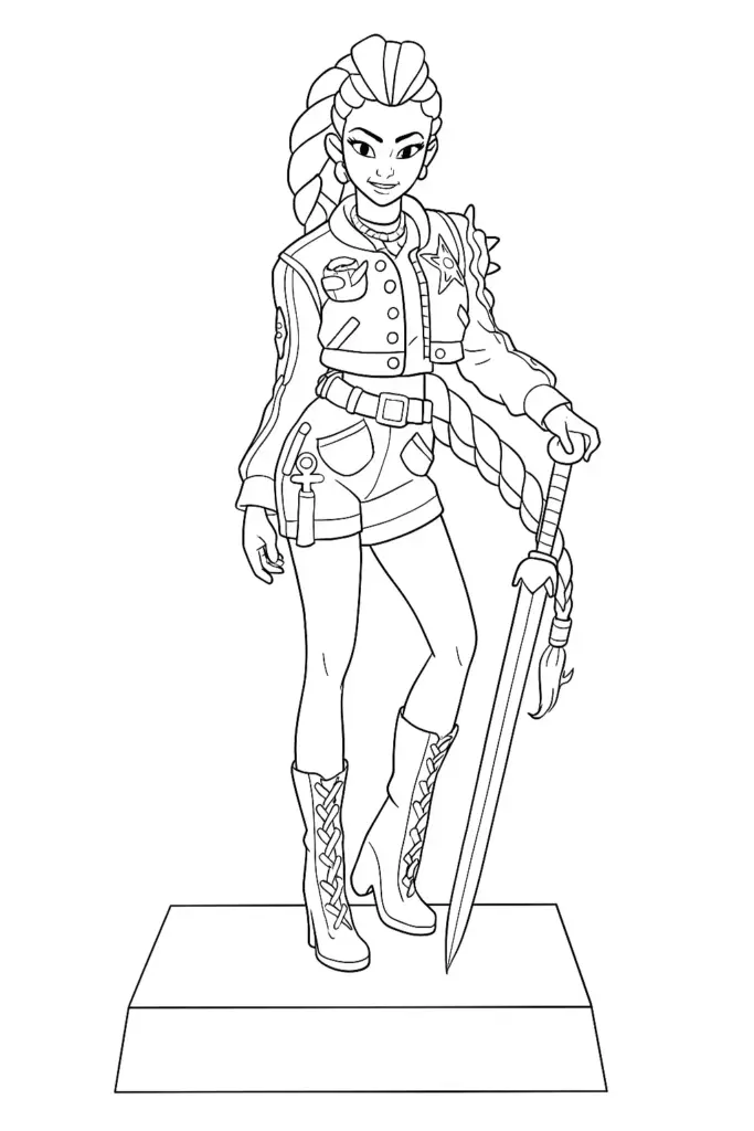 Line drawing of a braided woman holding a sword