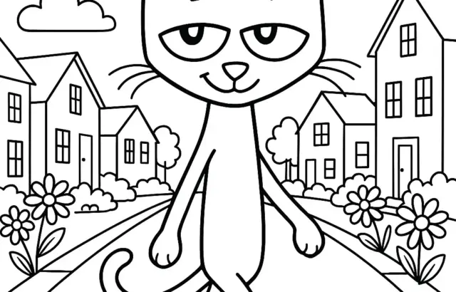 Cartoon cat walking down a neighborhood street