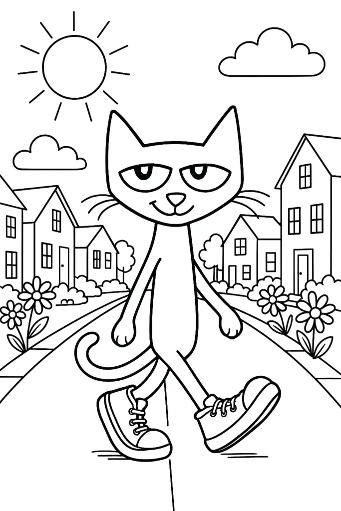 Cartoon cat walking down a neighborhood street