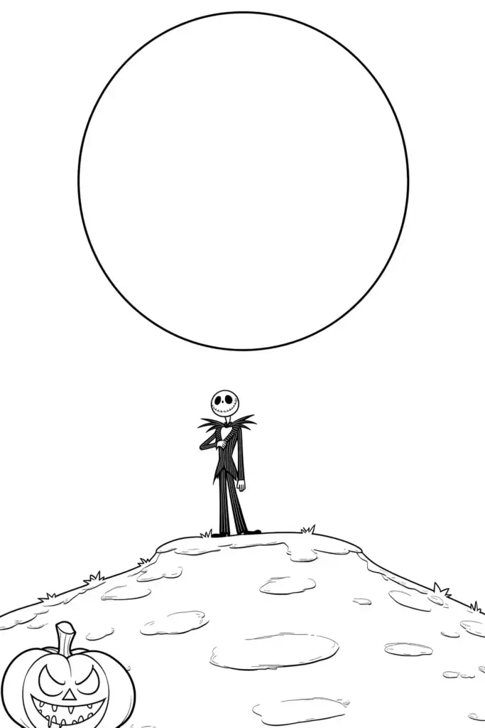 Cartoon skeleton man on hill with pumpkin foreground