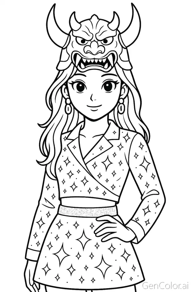 Line-art girl wearing horned mask and star-patterned outfit
