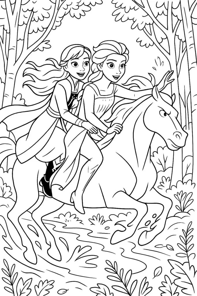 Two smiling girls riding a horse through trees
