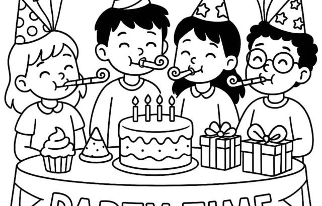 Children at birthday table with cake and gifts