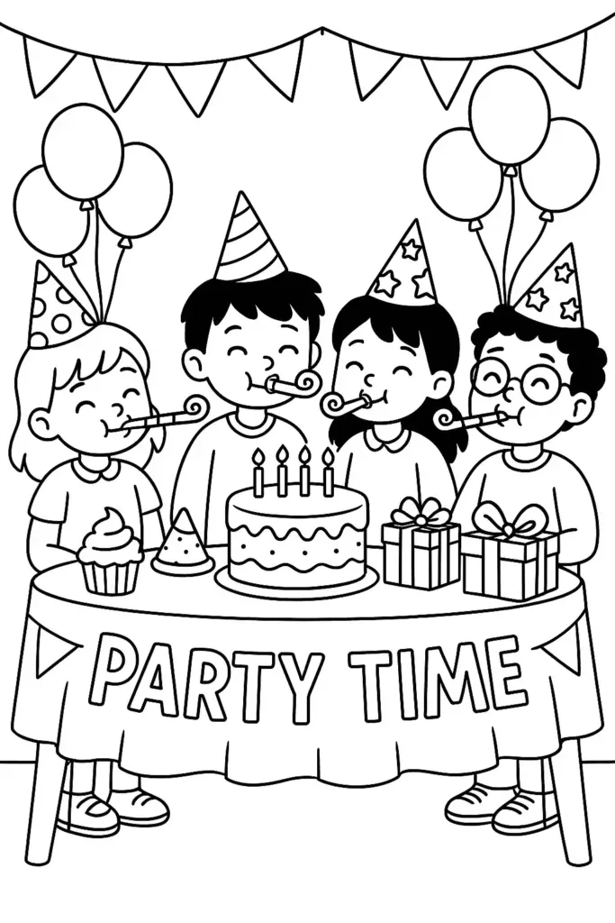 Children at birthday table with cake and gifts