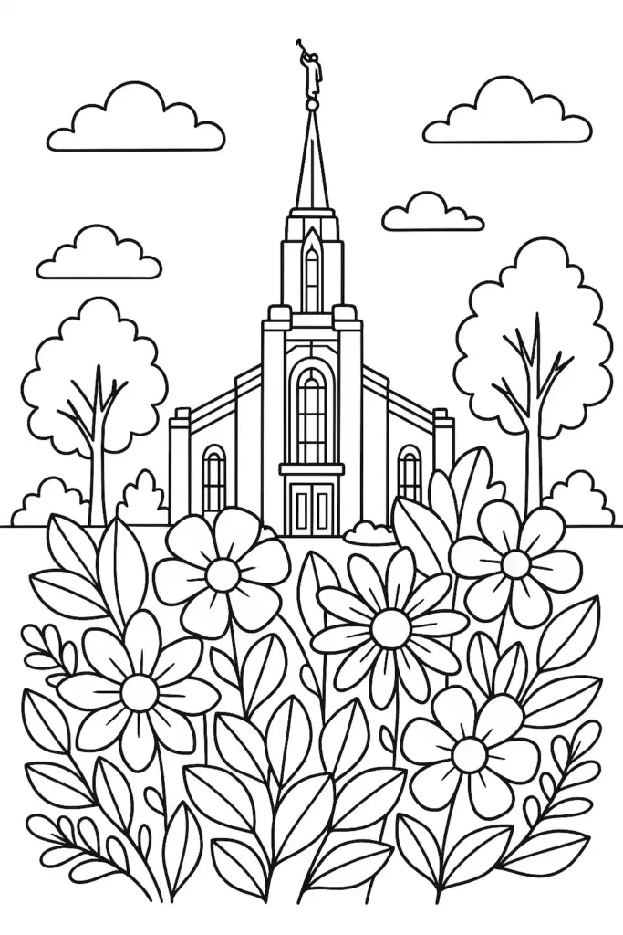 Line drawing of temple behind flowers and trees