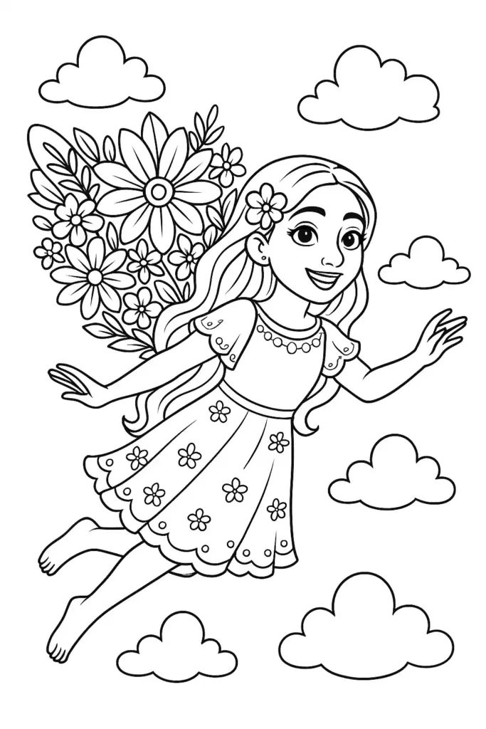 Flower-winged girl flying among clouds