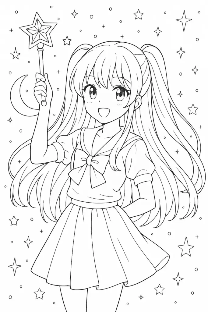 Anime girl holding star wand, surrounded by stars and moon